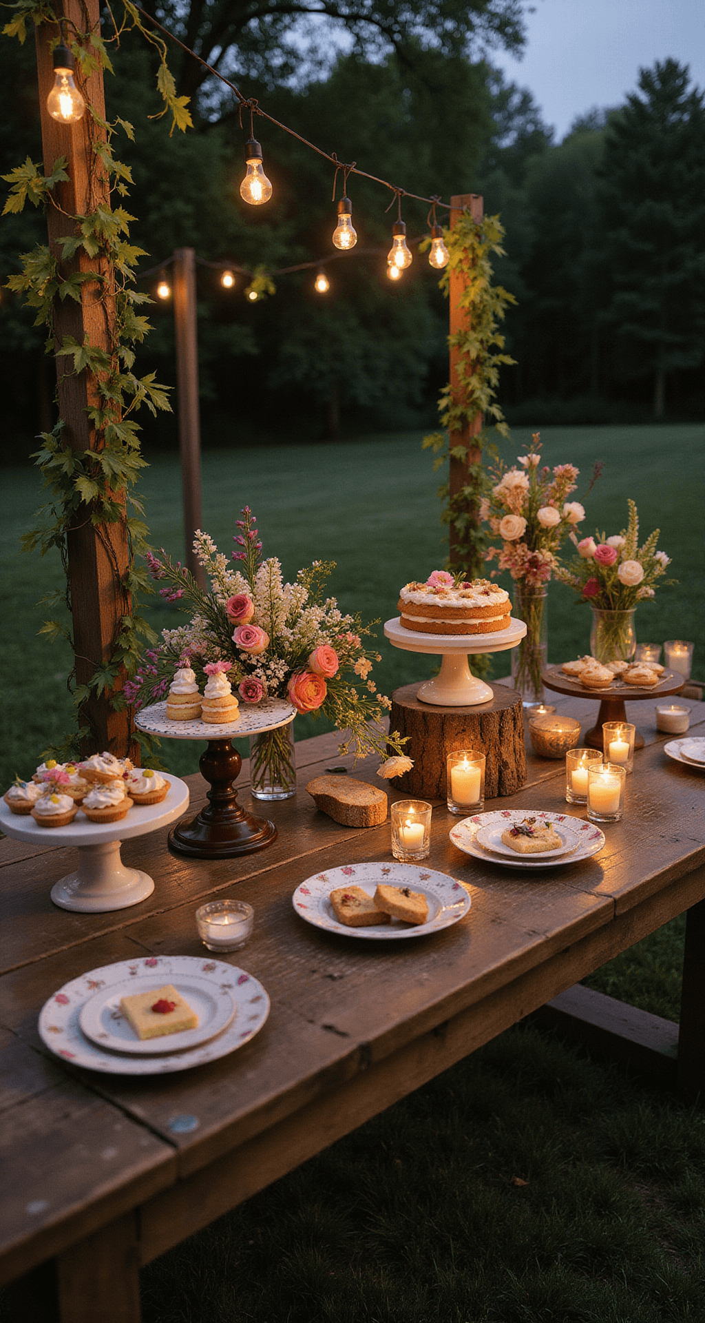 A wide-angle view of a wildflower-themed dessert display at dusk on a rustic wooden farm table, featuring naked cakes adorned with fresh blooms, vintage cake stands with smaller treats garnished with edible flowers, and trailing vines. Warm candlelight and bistro lights create a magical ambiance.