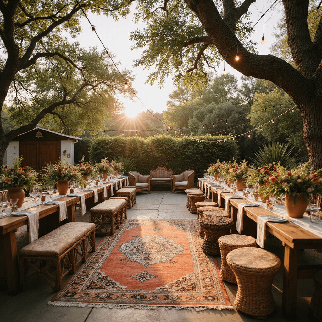 A bohemian garden wedding reception at golden hour with long wooden tables, macramé runners, wild floral arrangements, string lights, vintage rugs, rattan furniture, copper lanterns, pampas grass, and eclectic decor in earthy tones.