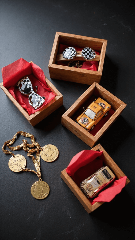 Flat lay of racing-themed party favors on black surface with race car boxes, checkered sunglasses, wooden vehicles, racing licenses, red tissue paper, and gold medals.