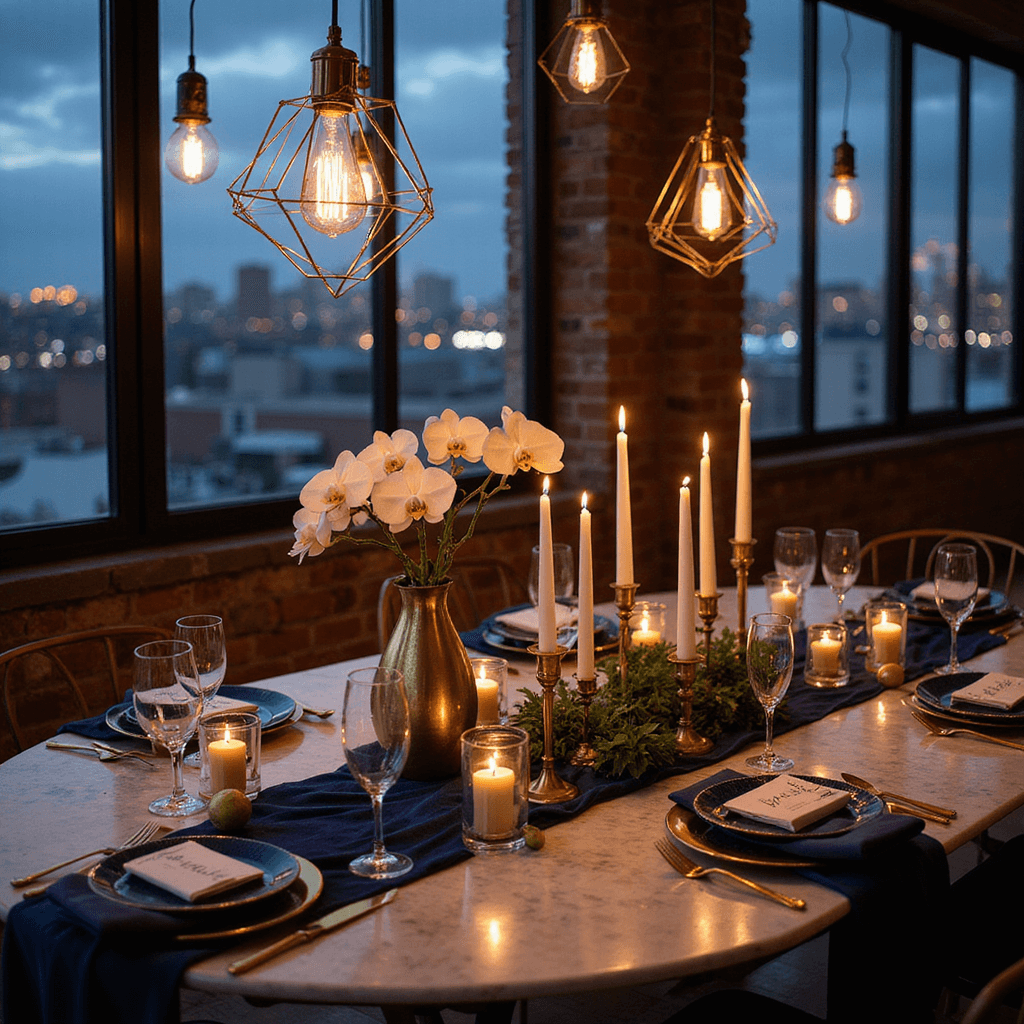 An elevated view of a candlelit birthday dinner in a modern urban loft with floor-to-ceiling industrial windows. A marble table with midnight blue linens, brass accessories, mercury glass votives, and white orchid centerpiece sets a celestial theme, illuminated by geometric pendant lights.