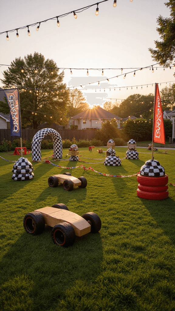 Golden hour view of a modern backyard game zone with a professional obstacle course featuring checkered flag markers, tire tunnels, and racing rope barriers. Lawn games include oversized wooden racing cars for toddlers and a custom race car piñata hanging from a decorated arch. String lights crisscross above, with branded racing flags lining the course perimeter.