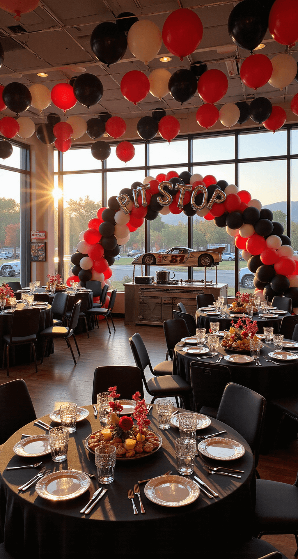A vibrant indoor party transformed into a racing theme, featuring a red, black, and white balloon arch resembling a checkered flag, chrome 'PIT STOP' signage at the dessert station, tables with miniature racing flags, and a themed backdrop with vintage racing posters and an LED race car silhouette, all illuminated by golden hour sunlight.