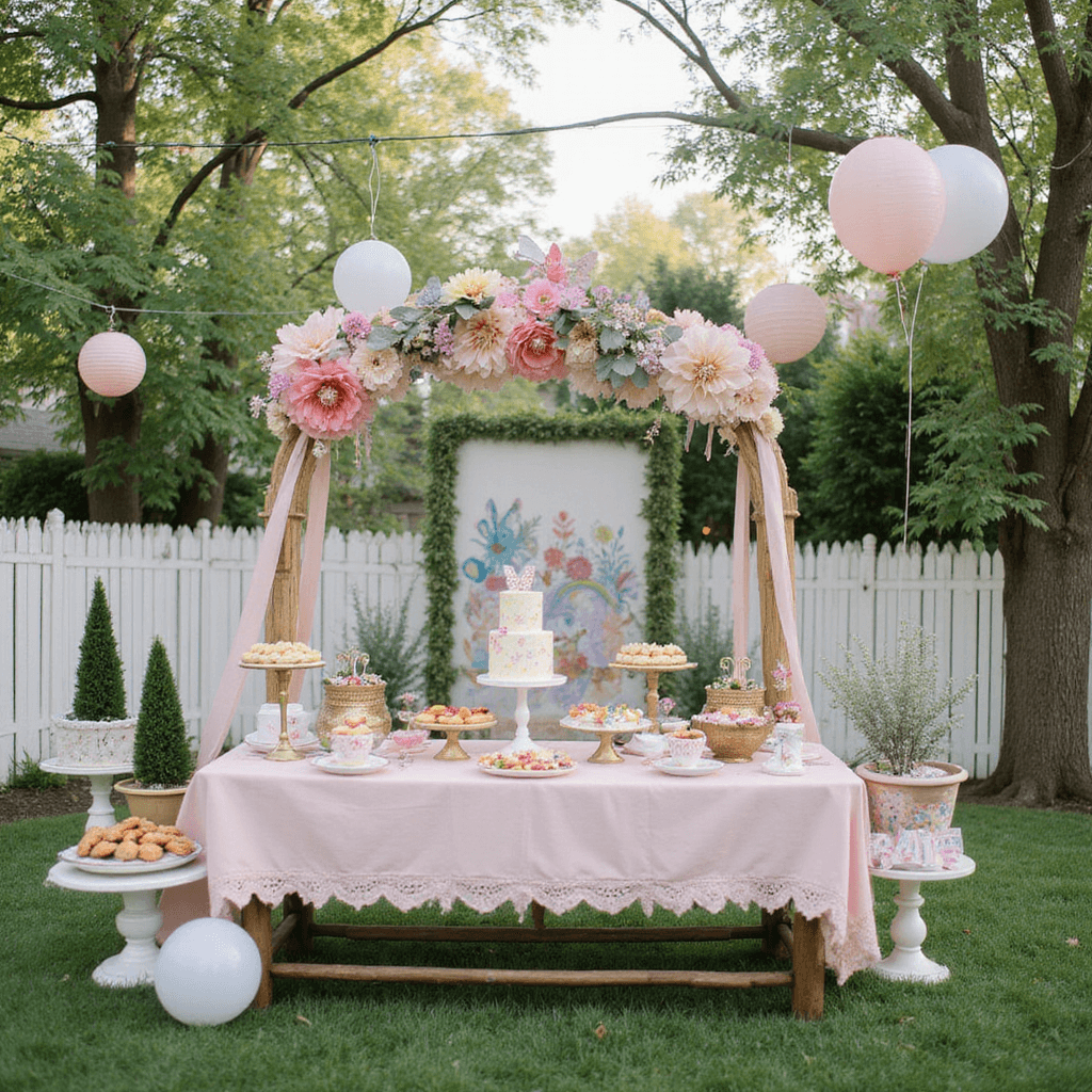 A whimsical children's garden party in the morning light, showcasing pastel balloon arches, paper lanterns, vintage teacup planters, and colorful tables with butterfly cookies and fruit skewers, surrounded by oversized flowers and a woodland backdrop.