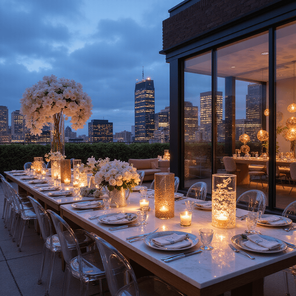 A panoramic view of a luxurious rooftop engagement party at blue hour, featuring seamless glass walls, ghost chairs around marble tables with mirrored chargers, cascading white orchids and roses, LED-lit champagne displays, rose gold balloons reflecting city lights, plush velvet lounge furniture, and floating candles creating an elegant and romantic atmosphere.