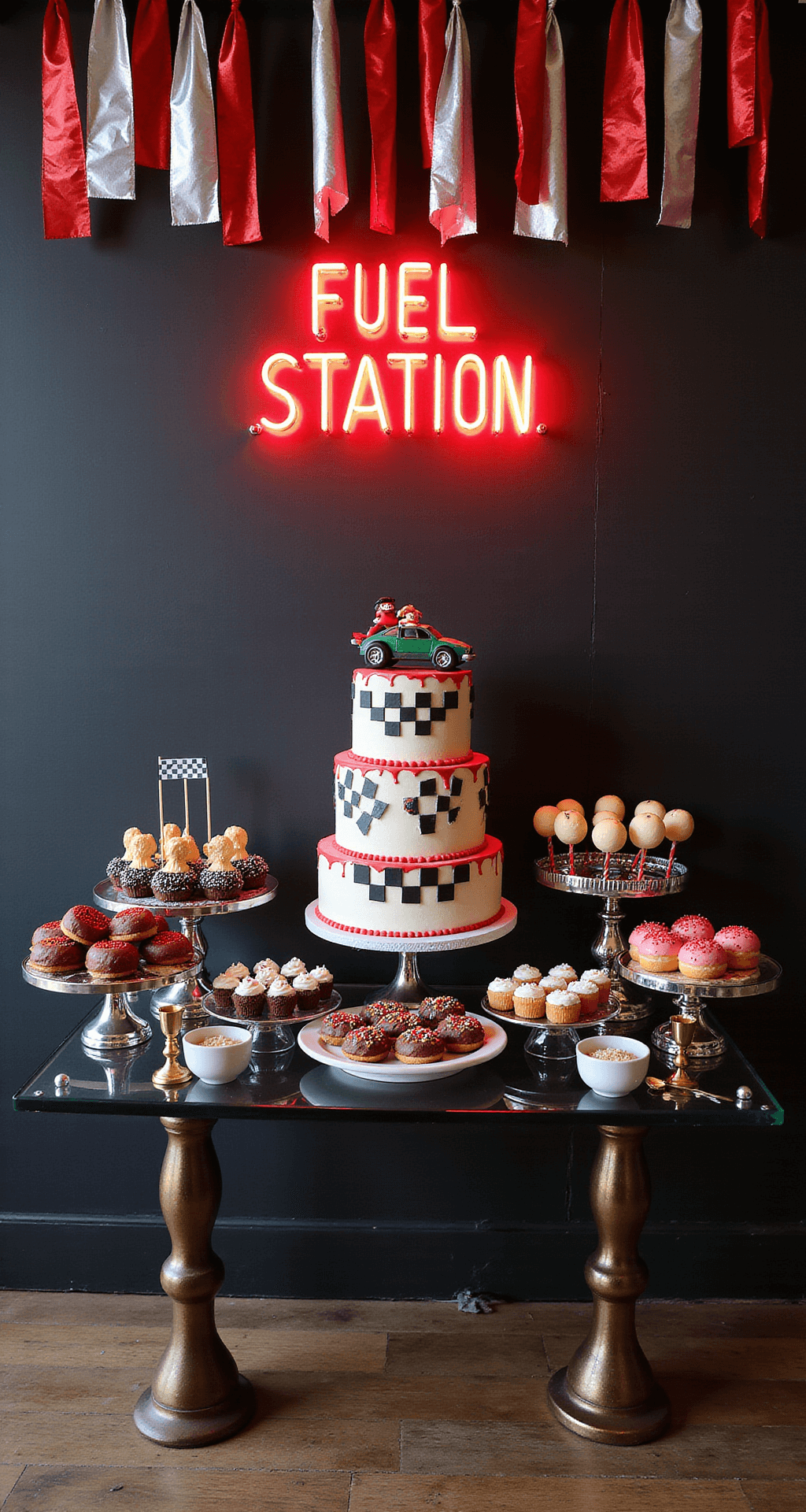 Overhead view of a dessert table with a race car theme, featuring a three-tiered race car cake, checkered flag cookies, chocolate donuts shaped like spare tires, and trophy-shaped cake pops against a black wall.