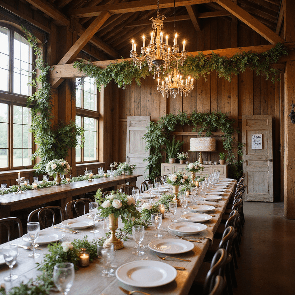 Rustic barn wedding reception with wooden beams, Italian ruscus garlands, vintage chandeliers, and decorated harvest tables with olive branches, roses, and brass candlesticks.