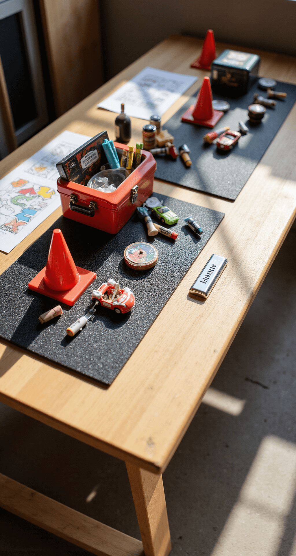 Close-up shot of a children's activity station with a wooden table featuring garage spaces filled with coloring supplies, DIY car-making materials, and personalized racing badges. Vintage tool boxes hold markers and crayons. Miniature traffic cones and textured rubber matting contrast with bright primary-colored supplies, while chrome name plates mark each child's workspace.