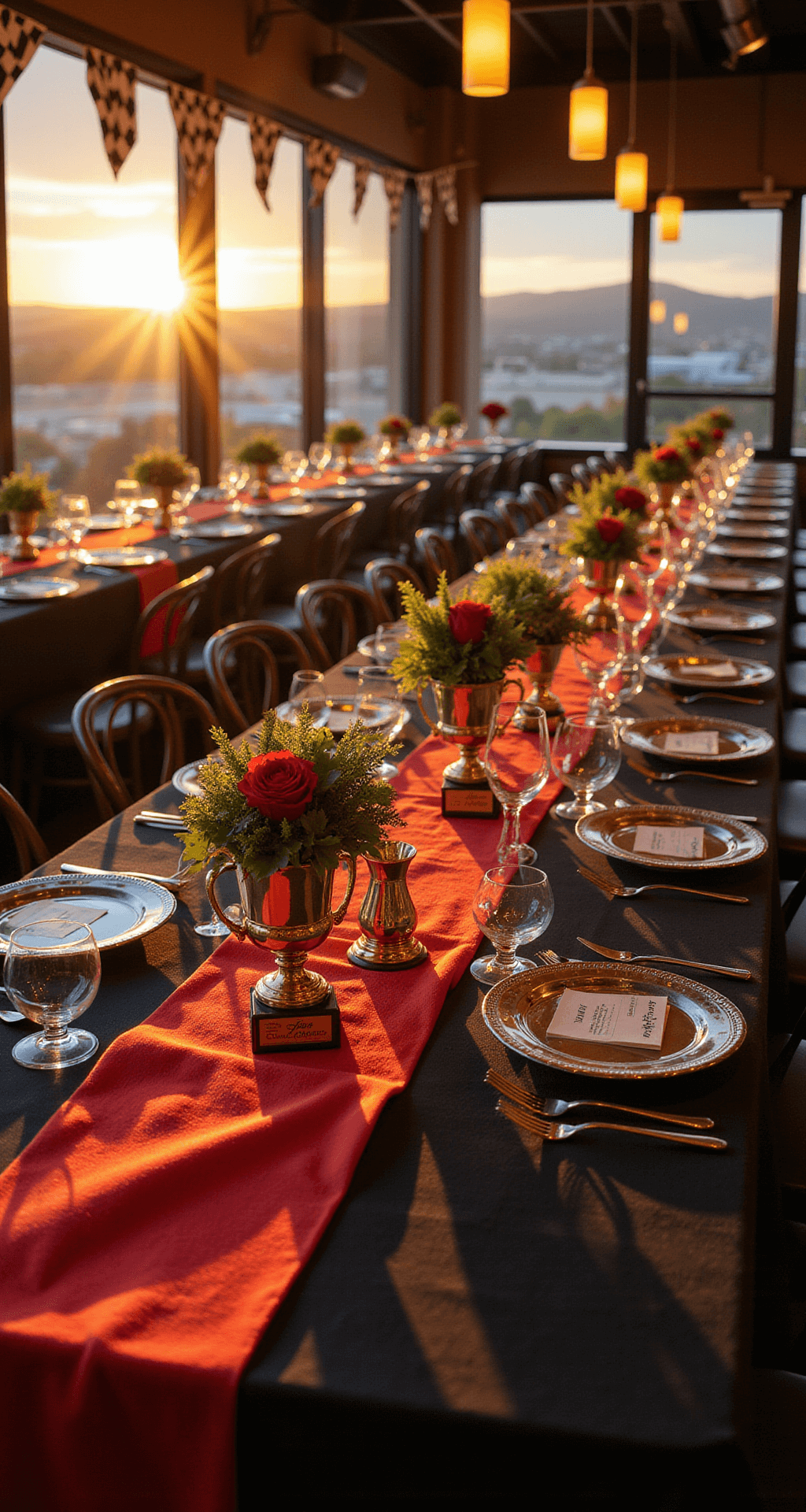 Cinematic wide shot of 'Champion's Dining Area' at sunset with rays through windows; long tables in racetrack formation with black linens and red runners; centerpieces with trophy cups and metallic flowers; place settings feature racing credentials and chrome plates; warm suspended lighting and checkered flag bunting above.
