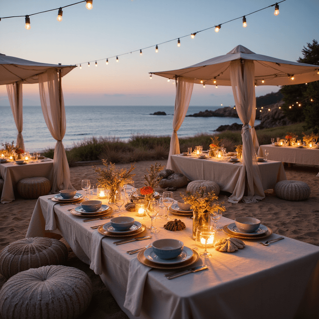 A low-angle view of a Mediterranean-inspired anniversary dinner setup on a private beach at sunset, featuring gossamer fabric cabanas, low tables with natural linen, handmade ceramic place settings, and organic centerpieces of driftwood, sea glass, shells, olive branches, and beeswax candles. Warm light from vintage brass lanterns and string lights overhead illuminate textile poufs for seating.