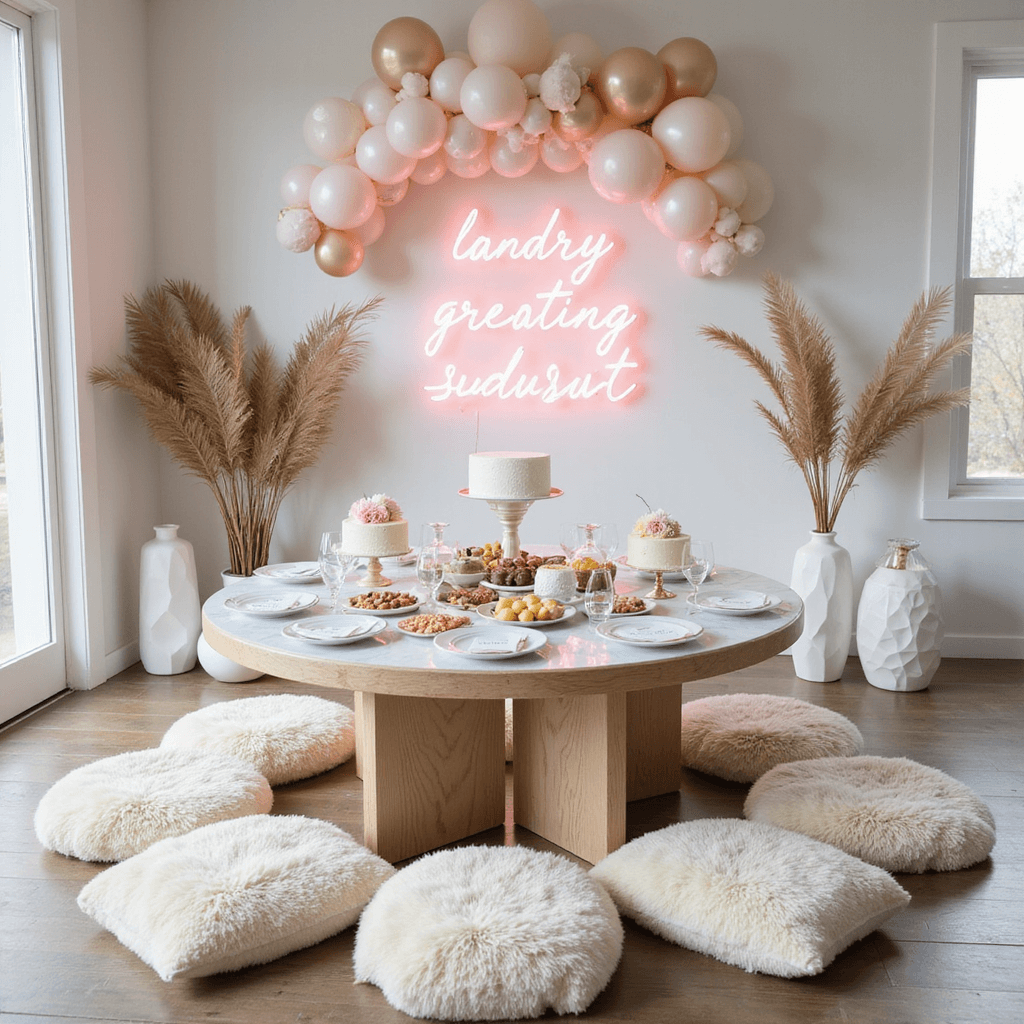 A minimalist baby shower setup in a contemporary home featuring a circular grazing table with white marble platters on a bleached oak table, cream Mongolian wool floor cushions, dried palm fronds in white ceramics, soft pink neon signage, pearl and champagne balloon installation, Lucite pedestals with geometric cakes and acrylic name cards with gold calligraphy.