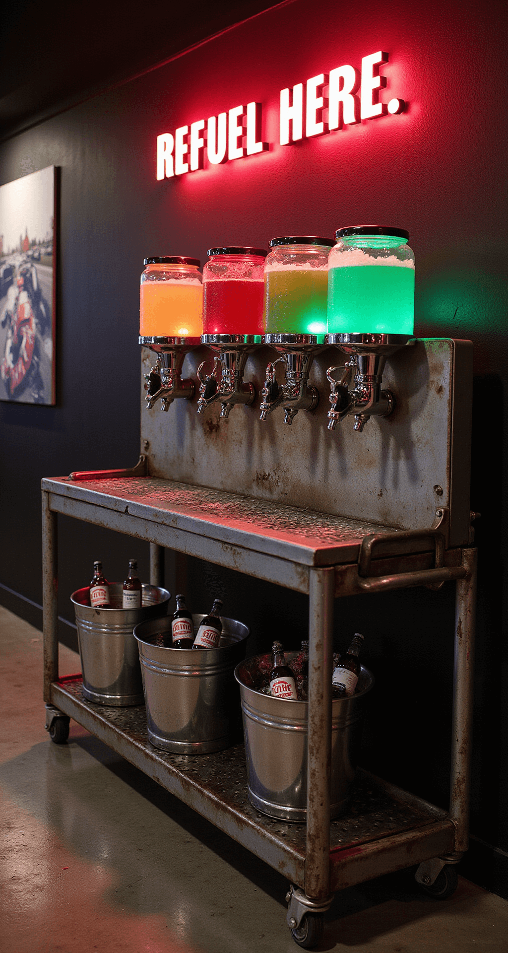 Dramatic evening scene of a beverage area styled as a 'Fueling Station,' featuring an industrial cart turned into a drink station with gas pump-style dispensers. LED-lit ice buckets hold chrome bottles with racing labels. Vintage racing photos and neon 'REFUEL HERE' sign set the backdrop, with moody lighting highlighting metallic surfaces and dynamic shadows.