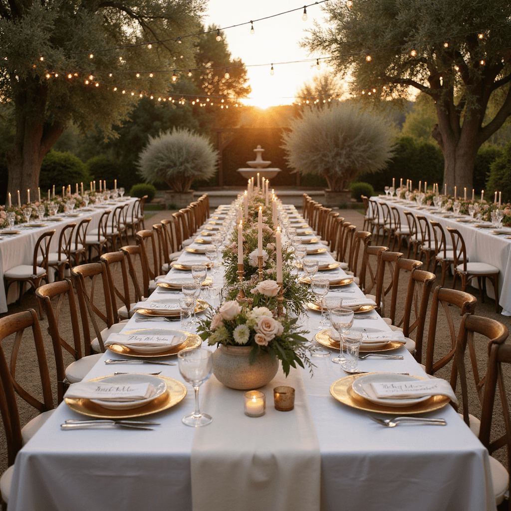 A golden hour garden reception with elegant farm tables, ivory linens, string lights, jasmine, brass candelabras, blush candles, crystal glassware, organic floral arrangements, wooden chairs, and olive trees.