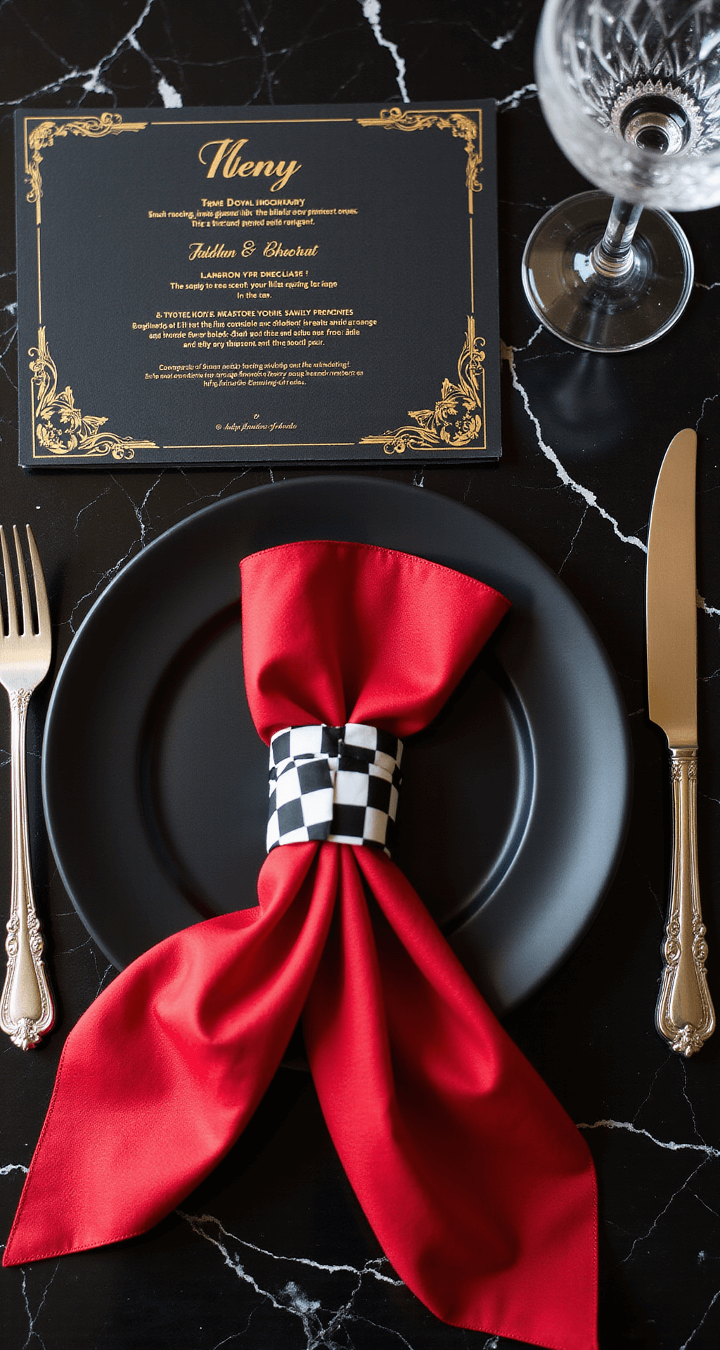 Luxury place setting on black marble with gold-foiled racing menu, black plates, silver cutlery, red silk napkin, checkered flag, and crystal glassware.