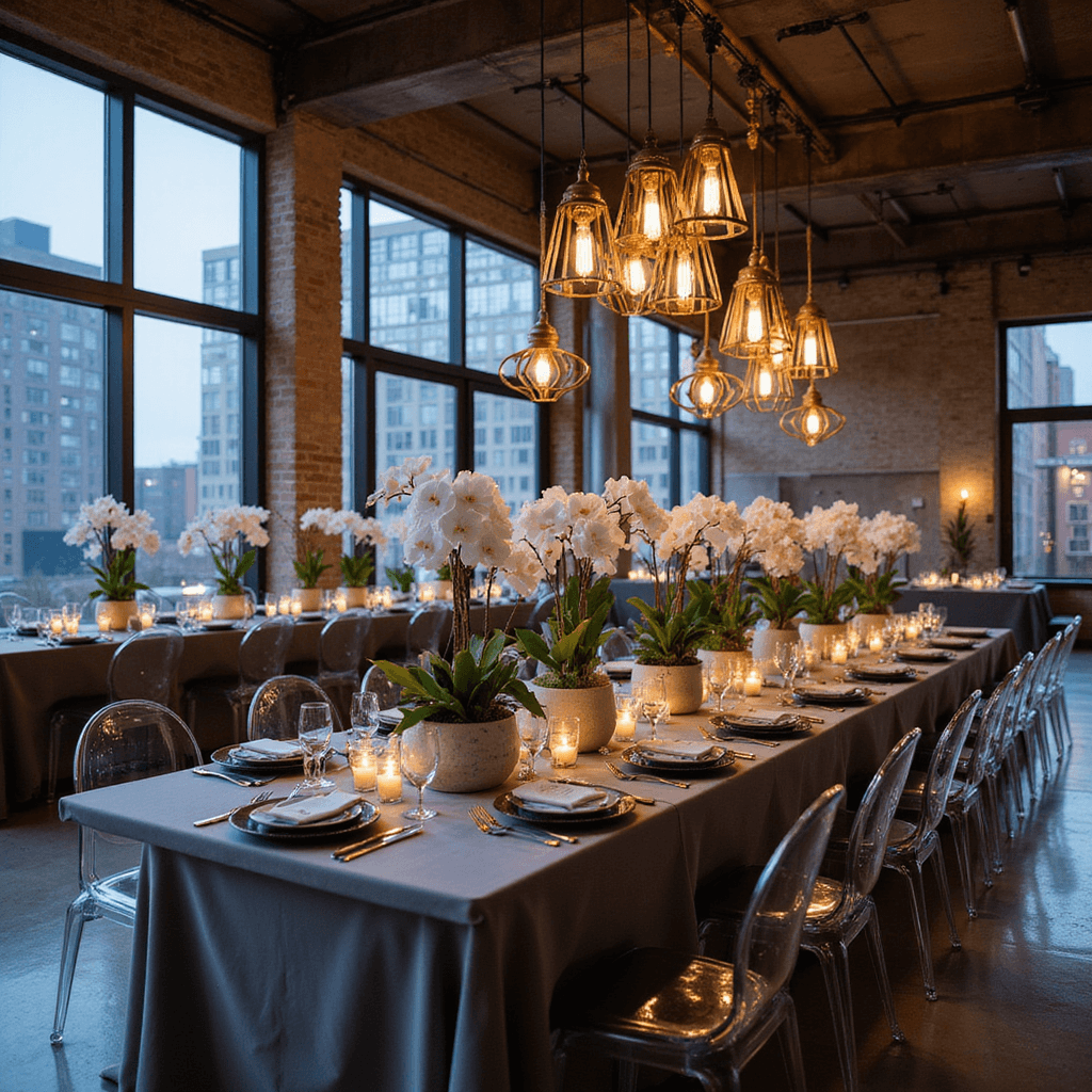 An elevated view of a modern loft with floor-to-ceiling industrial windows showcasing cityscape; geometric brass lanterns hang from beams. Round tables are set with gray linens, black settings, and adorned with white orchids and monstera leaves in marble vases, surrounded by ghost chairs. Candlelight glows on polished concrete, with a copper mobile art piece above.