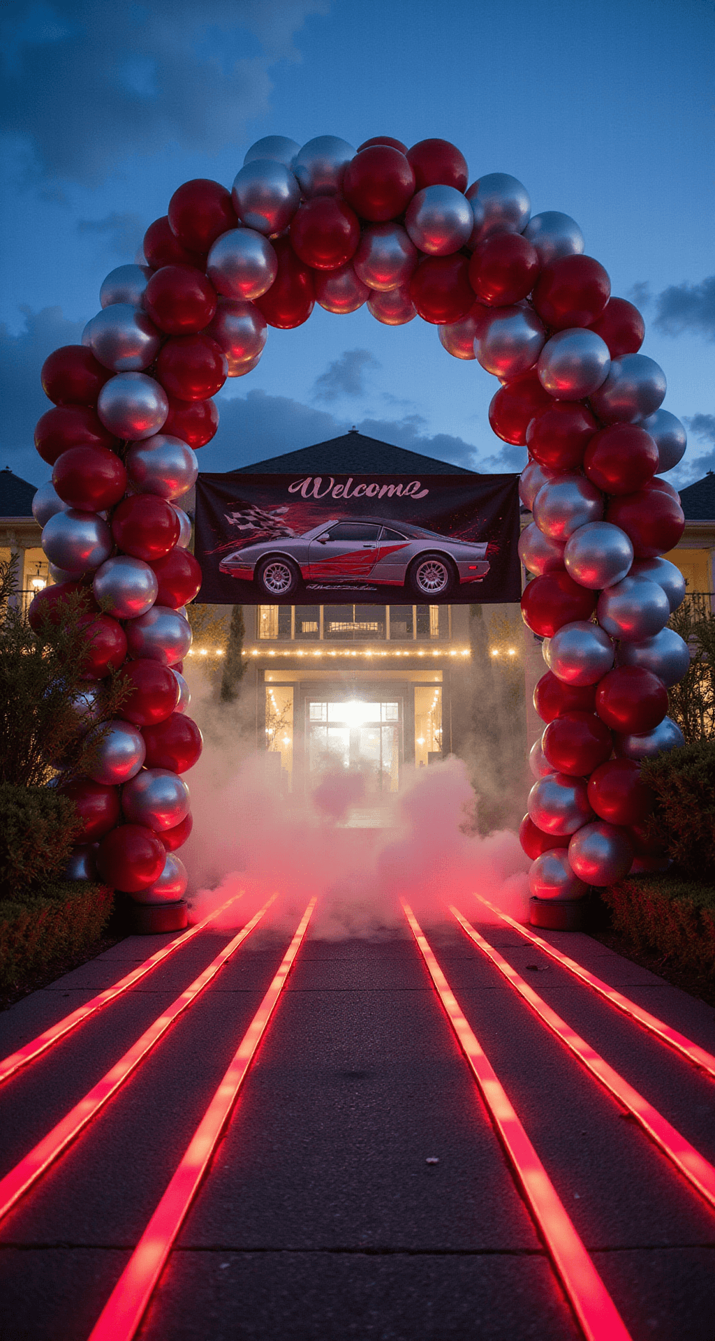 A wide-angle view at twilight of a grand entrance, featuring an illuminated archway with metallic silver and red balloons forming a tunnel. Floor-mounted LED strips resemble a racetrack leading inward. A custom welcome banner with modern racing graphics spans the entrance. Fog effects and uplighting enhance the scene.