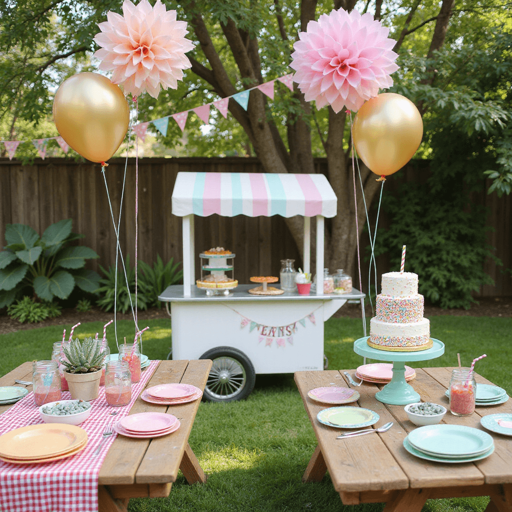 A children's birthday party in a sunny backyard with a vintage ice cream cart, decorated with striped awning and gold balloons, surrounded by picnic tables with colorful plates and mason jar drinks, and a rainbow sprinkle cake on a mint stand, set against a backdrop of oversized paper flowers and festive bunting.