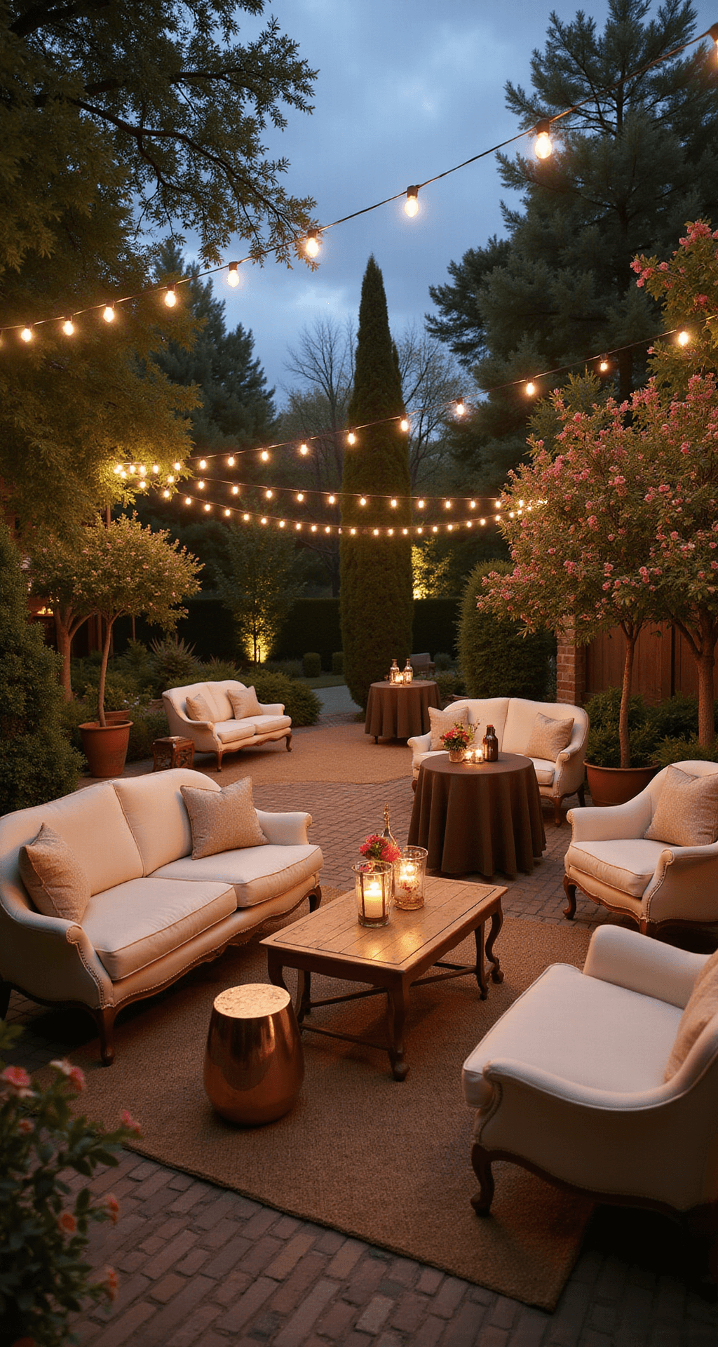 Evening garden cocktail hour scene with market lights, cream linen sofas, rose gold tables, copper lanterns, mocha linens, vintage bar cart with flower-garnished drinks, and blooming trees.