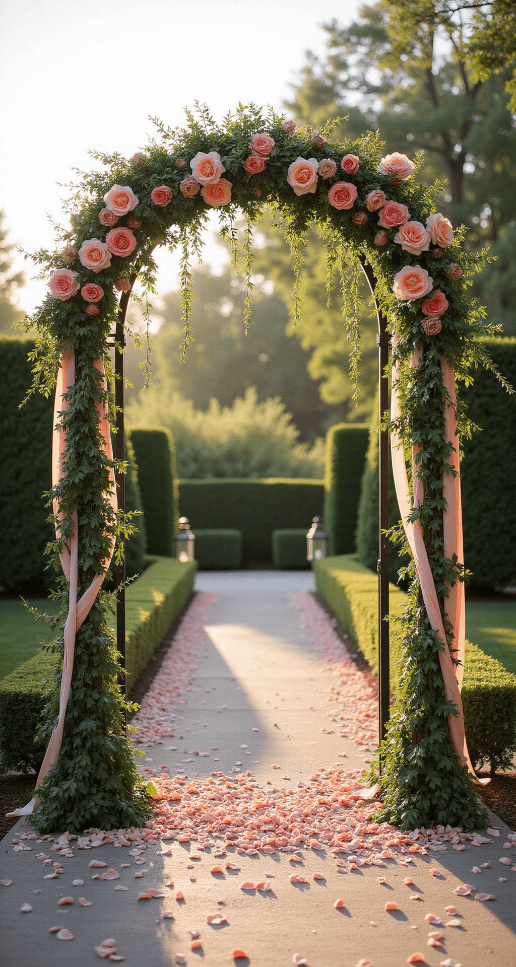 Coral Wedding Flowers: The Ultimate Guide to Creating Stunning Bridal Arrangements A garden ceremony arch adorned with coral garden roses, protea, and trailing ivy, backlit by natural sunlight with vintage brass lanterns and fluttering ribbons.