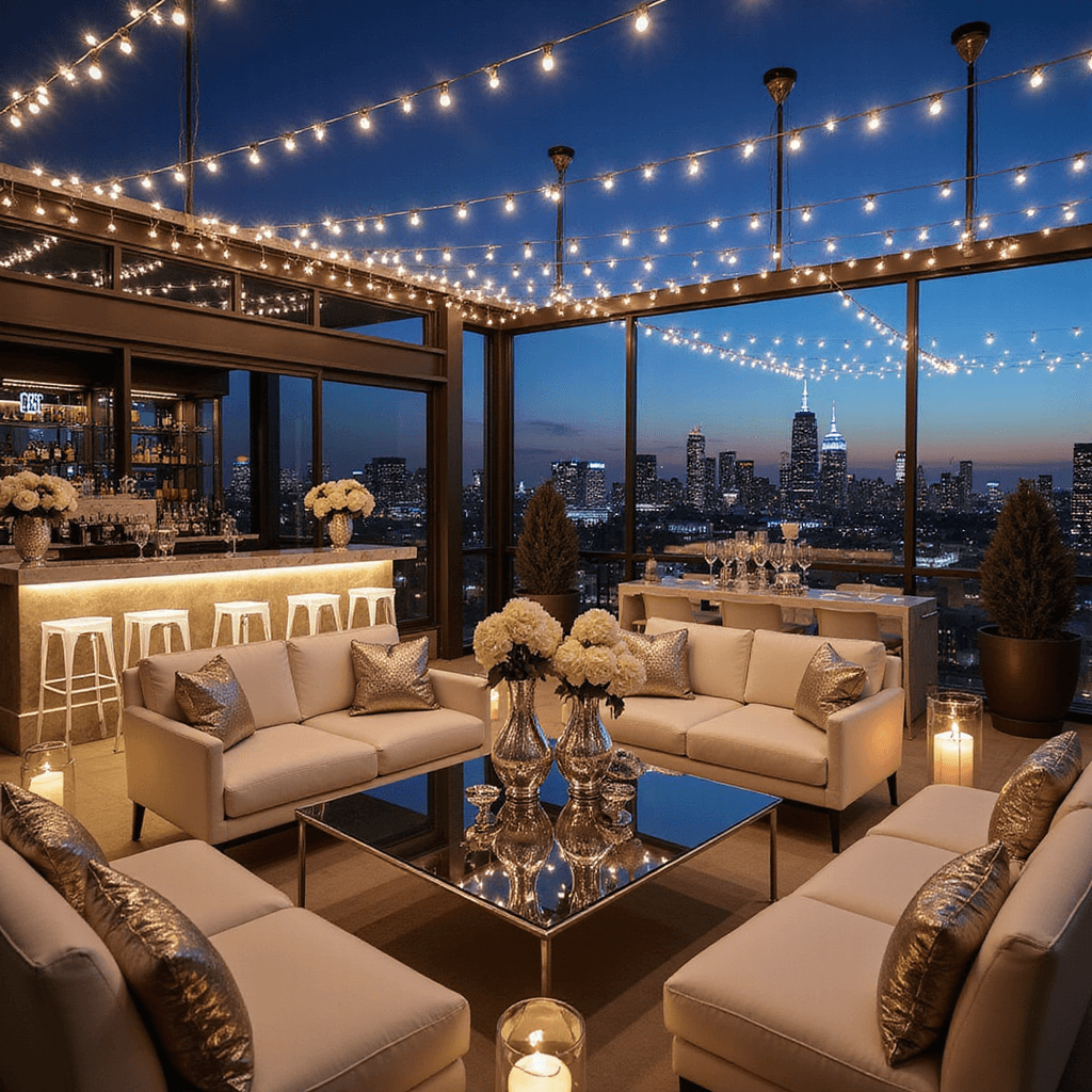 Panoramic rooftop event at twilight with city lights, featuring glass walls, chandeliers, fairy lights, white leather seating, mirrored tables, champagne tower, marble bar with neon sign, ghost stools, and silver compotes of white roses and hydrangeas.
