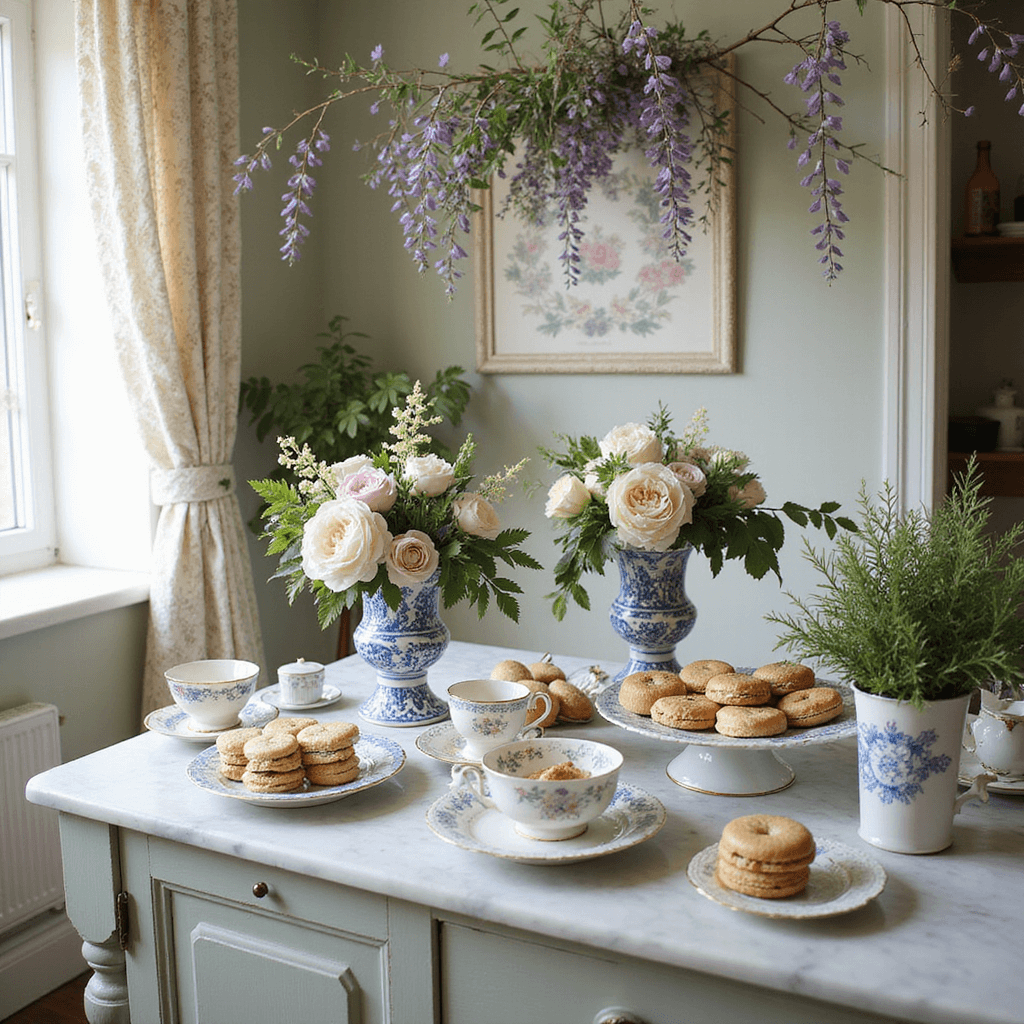 An afternoon bridal shower in a French country kitchen with sunlight streaming through lace curtains onto a marble island adorned with pastel macarons, tea sandwiches, mismatched vintage teacups, potted herbs, blooming branches, and trailing wisteria backdrop complemented by blue-and-white chinoiserie vases filled with peonies and sweet peas.