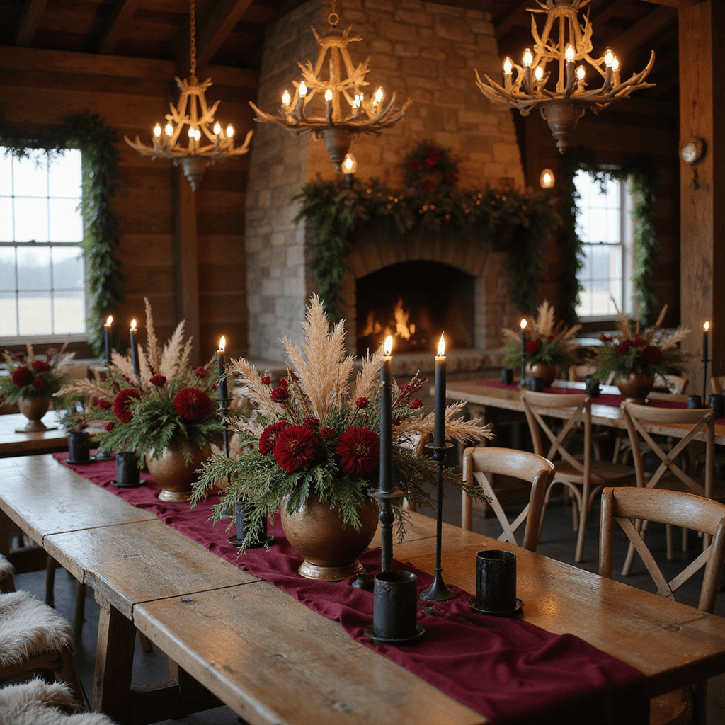 A rustic barn scene with long wooden tables adorned with burgundy velvet runners, black candles, and vintage copper vessels filled with red dahlias and greenery; sheepskin throws on chairs, antler chandeliers above, and a stone fireplace with pine garlands.