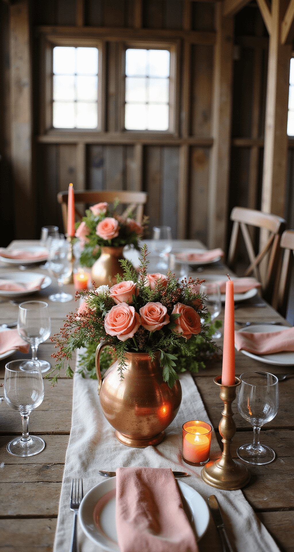Coral Wedding Flowers: The Ultimate Guide to Creating Stunning Bridal Arrangements A rustic-luxe tablescape featuring a weathered harvest table with coral floral centerpieces in vintage copper vessels, surrounded by natural linen runners and antique brass candlesticks with coral taper candles, illuminated by natural light through barn windows.