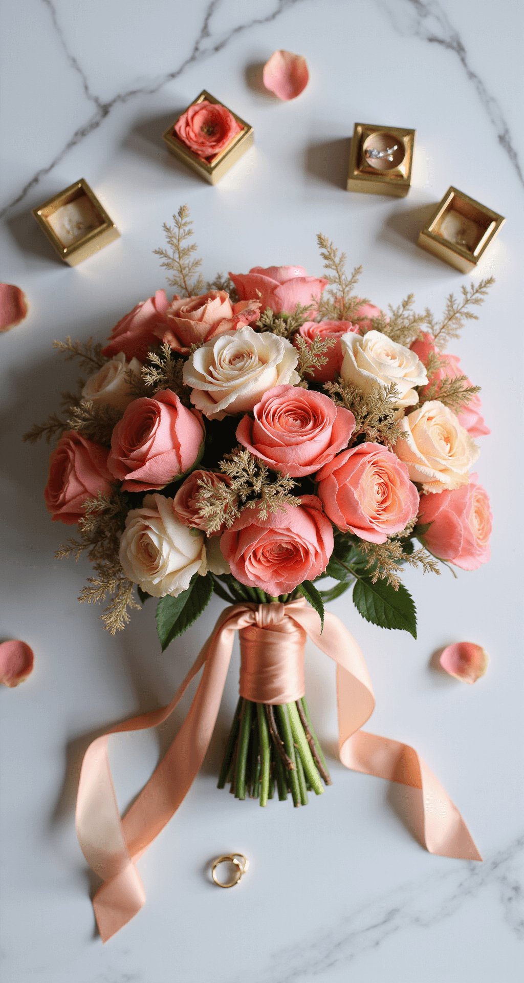 Coral Wedding Flowers: The Ultimate Guide to Creating Stunning Bridal Arrangements Overhead view of a coral bridal bouquet flatlay on white marble with peonies, roses, ranunculus, silk ribbons, gold jewelry, vintage ring boxes, and rose petals. Soft window light casts gentle shadows.