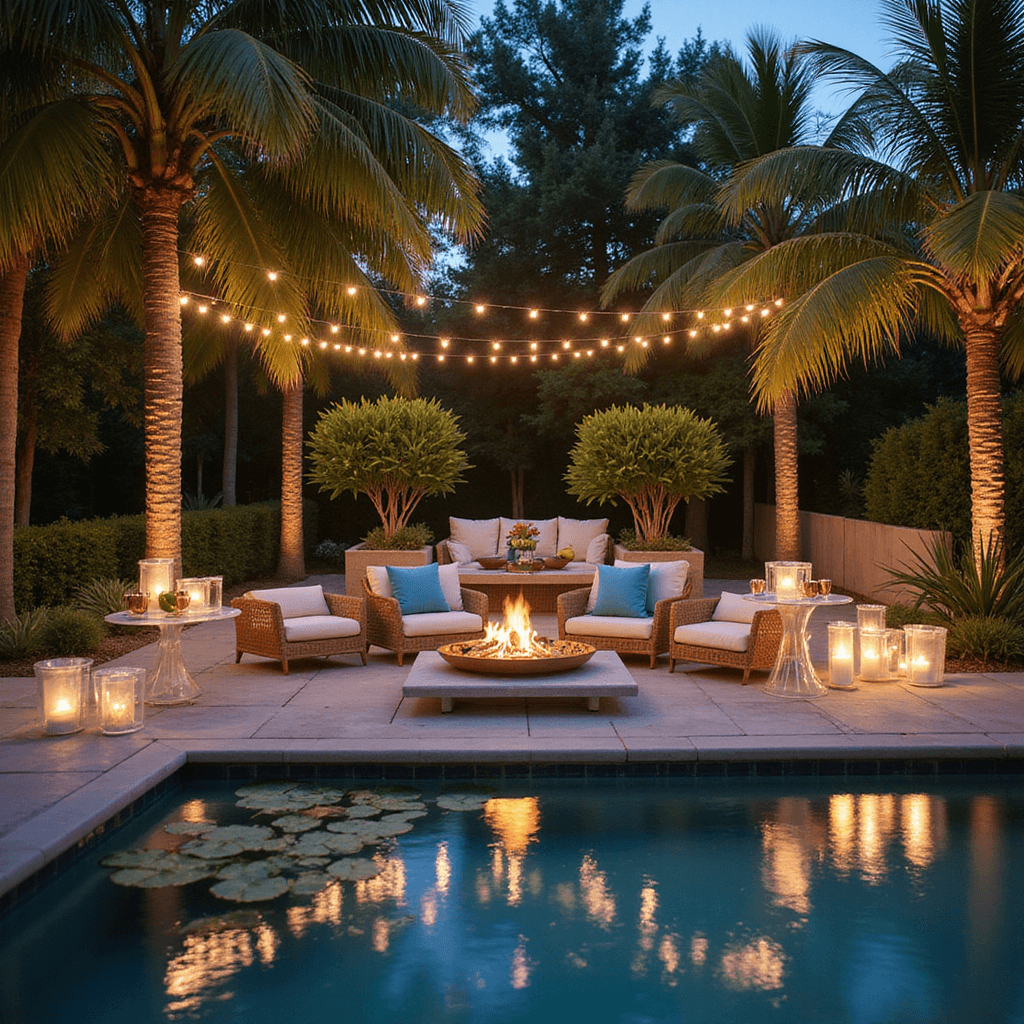 A dreamy poolside cocktail party at dusk with bokeh effect, featuring lounge chairs with cream cushions, modern fire tables, and an illuminated pool with floating candles and lily pads. A lucite bar cart with copper mugs and citrus, oversized lanterns, and intimate seating areas with woven rattan furniture and blue pillows are shaded by palm fronds. Market lights hang overhead.