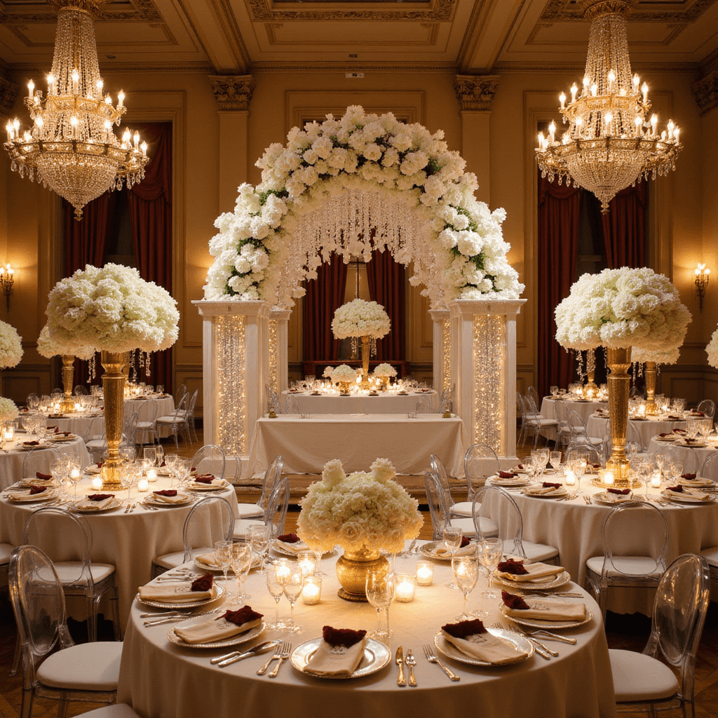 Wedding Reception Decor: Your Ultimate Guide to Creating a Magical Celebration Elevated view of a grand ballroom wedding reception at golden hour, with crystal chandeliers casting light across ivory silk-draped tables, rose and hydrangea centerpieces, mirrored chargers, ghost chairs, and a floral arch with orchids and crystal strands.