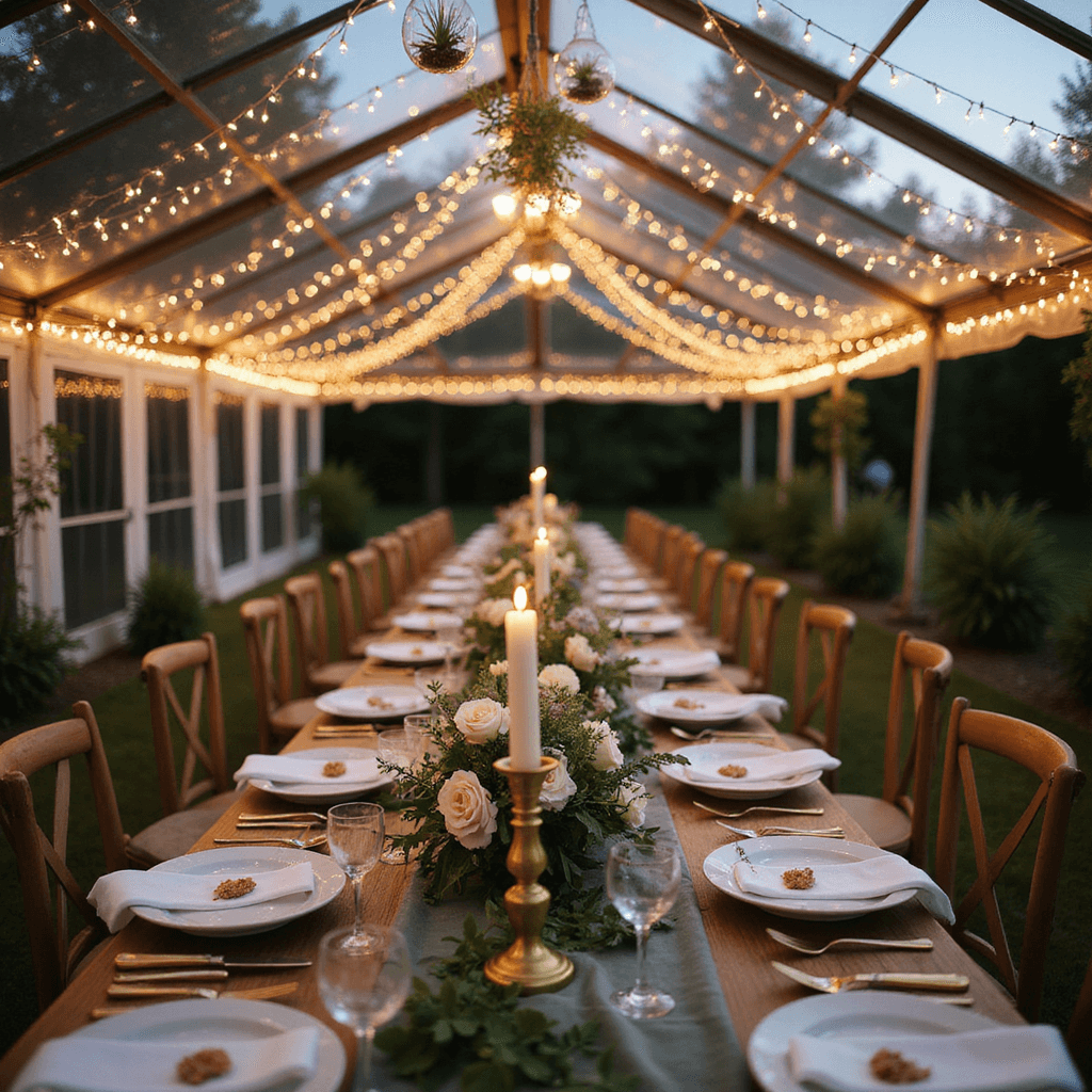 Wedding Reception Decor: Your Ultimate Guide to Creating a Magical Celebration An eye-level view of an enchanted garden reception at twilight with a clear-top tent revealing twinkling fairy lights; long farm tables with sage velvet runners, organic floral centerpieces, vintage brass candlesticks with cream tapers, and hanging glass terrariums with air plants; wooden cross-back chairs surround the tables.