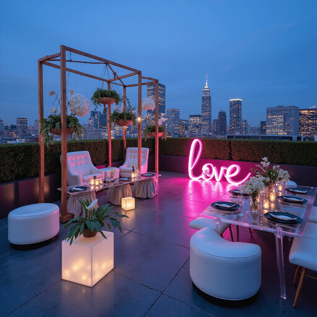 Wedding Reception Decor: Your Ultimate Guide to Creating a Magical Celebration A rooftop celebration with geometric copper frames against a city skyline, featuring suspended white anthuriums and monstera leaves. LED-lit lucite tables with metallic linens, black chargers, and neon 'Love' signage illuminating white leather lounge seating.