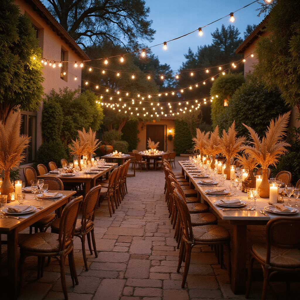 Wedding Reception Decor: Your Ultimate Guide to Creating a Magical Celebration An intimate courtyard reception at dusk with market lights overhead, pillar candles along stone pathways, farm tables with neutral linens and dried floral arrangements, rattan peacock chairs in a bohemian lounge area with vintage rugs and copper tables.