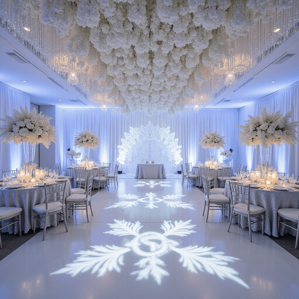 Wedding Reception Decor: Your Ultimate Guide to Creating a Magical Celebration A luxurious winter celebration with a crystal-draped ceiling, silver sequined table linens, and tall silver candelabras with white floral arrangements. Ice sculptures and mirrors enhance candlelight around a personalized monogrammed dance floor.