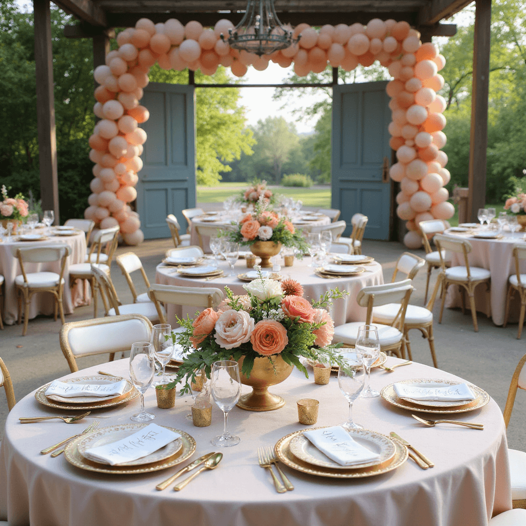 Wedding Reception Decor: Your Ultimate Guide to Creating a Magical Celebration A whimsical garden brunch with pastel balloon garlands, vintage doors, blush linens, gold geometric centerpieces, and elegant place settings featuring gold-rimmed crystal and flower garnishes.