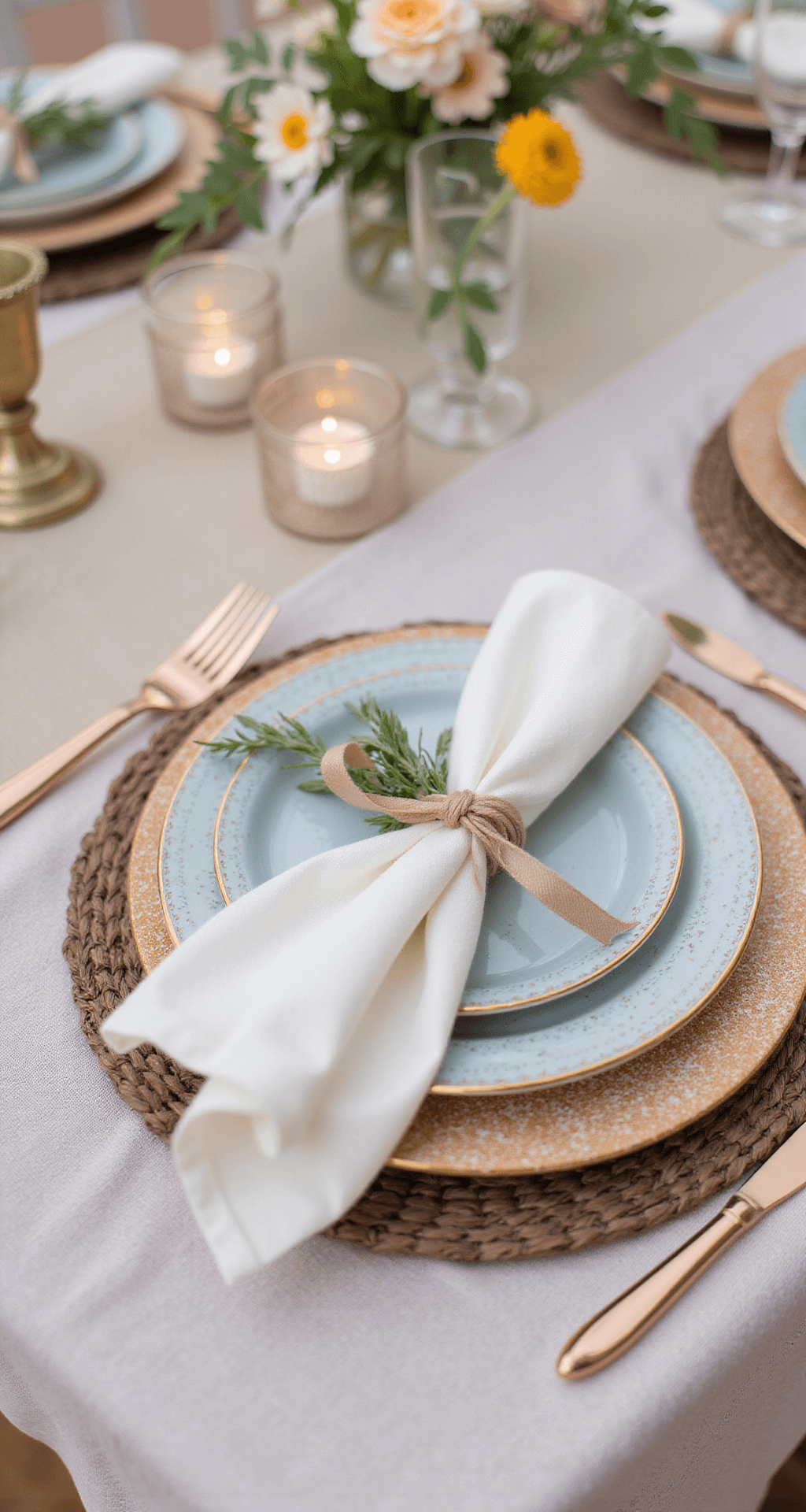 A detailed reception table setting with lace overlay, blush underlay, ceramic charger, layered fine china, napkin with silk ribbon and herbs, mercury glass votives, bud vases with blooms, and rose gold flatware.
