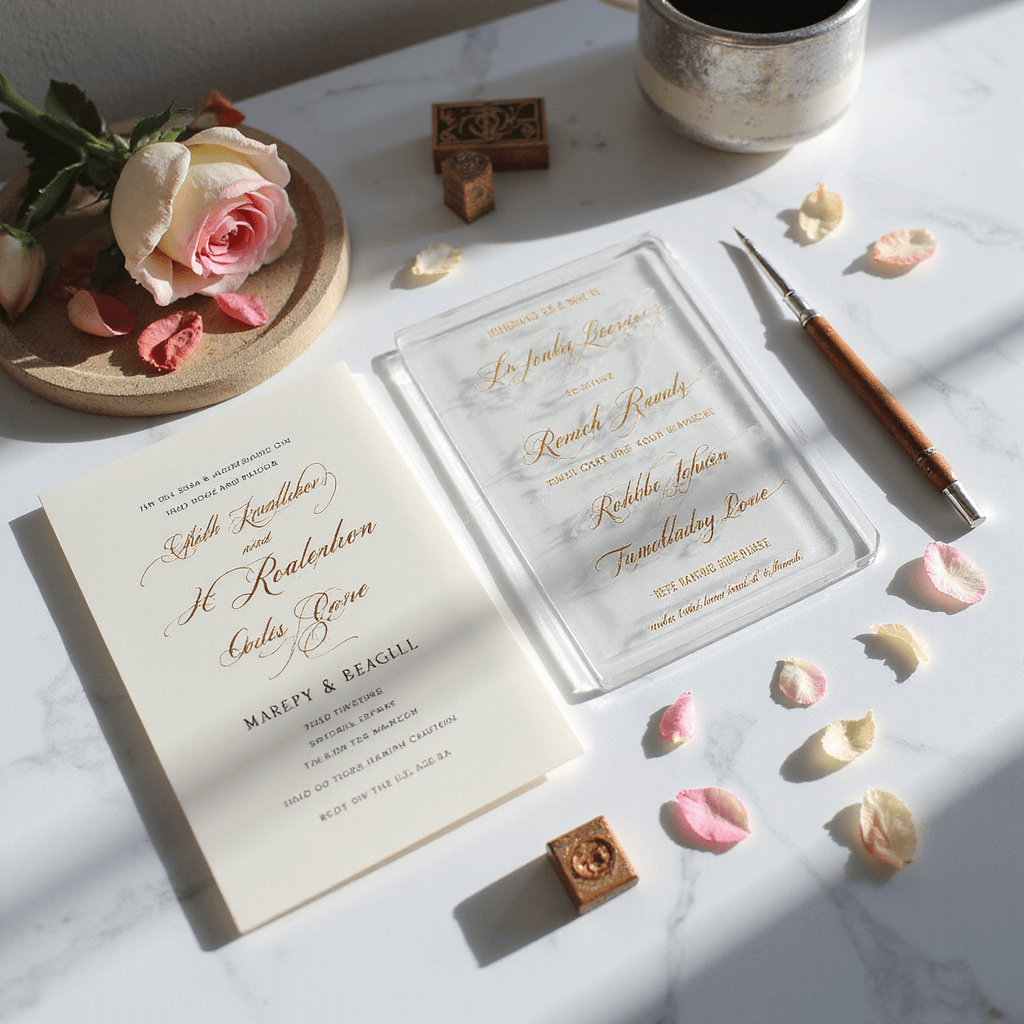 Flat lay of modern acrylic wedding invitations on white marble, featuring clear and frosted pieces with gold and silver etching. Scattered rose petals, vintage stamps, and calligraphy tools add to the stylish composition. Light creates shadows and prismatic effects on the acrylic surfaces.