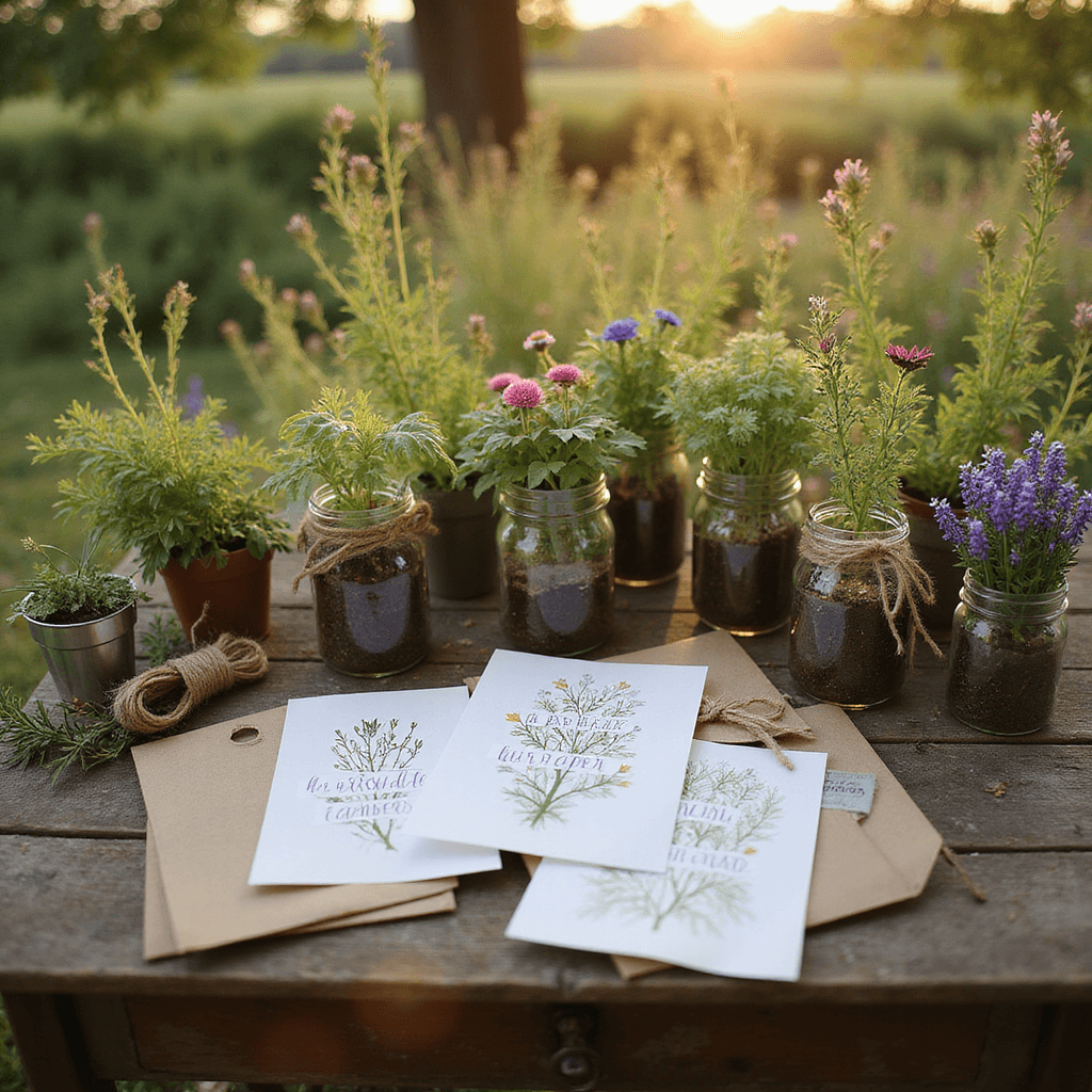 A cozy garden nook with a vintage wooden desk showcasing eco-friendly seed paper invitations among potted herbs and wildflowers, bathed in golden hour sunlight. The desk is adorned with mason jars of sprouting plants, kraft paper envelopes, twine, pressed flowers, and thriving plants from the invitations, all in natural textures and earth tones.