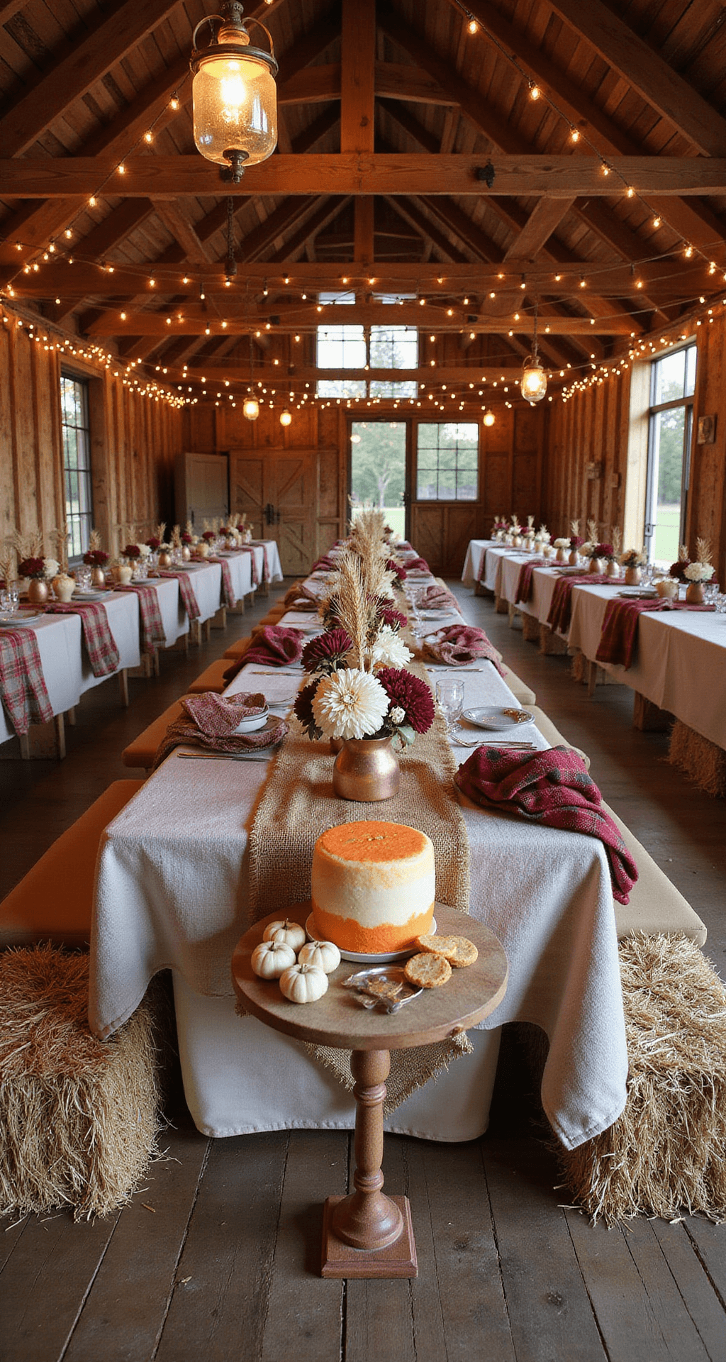 A cozy barn interior decorated for a first birthday, featuring fairy lights, mason jar lanterns, farmhouse tables with autumn centerpieces, hay bale seating with plaid blankets, and a dessert station with an ombré cake and seasonal treats, all bathed in warm, golden hour light.