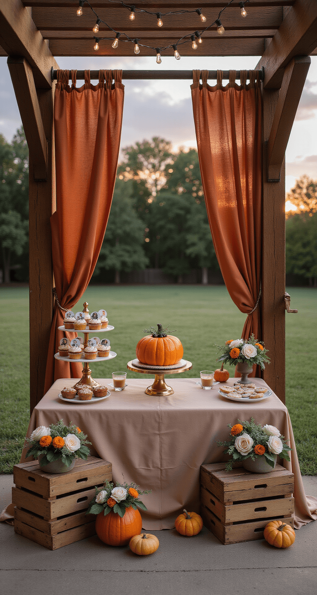 An intimate backyard gathering at sunset with a 'Little Pumpkin' themed dessert table under a wooden pergola adorned with rust-colored silk drapes and fairy lights. A pumpkin-shaped smash cake on a gold pedestal is surrounded by autumn-colored cupcakes on tiered stands with fresh sage and ivory roses. Vintage wooden crates display monthly milestone photos, captured in portrait orientation with a bokeh effect.