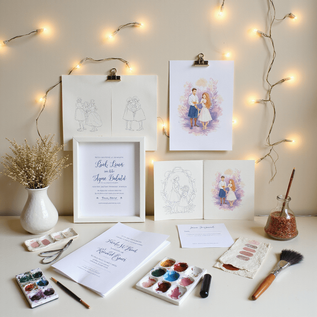 A whimsical studio display features hand-illustrated wedding invitations on a cream background, with custom watercolor couple portraits, painting supplies, sketching tools, and color swatches; fairy lights add a dreamy touch, highlighting the creative process from sketch to final design.