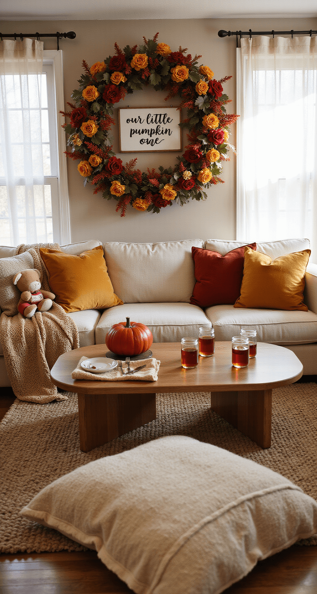 A cozy indoor living room transformed into a fall wonderland with morning light, featuring a backdrop wall with a deep red and mustard yellow floral wreath and a 'Our Little Pumpkin is One' sign. Velvet rust and cream floor cushions surround tables with mason jar apple cider. A soft play area with chunky knit blankets and autumn-themed stuffed toys is visible, with sheer curtains allowing natural light to stream in.