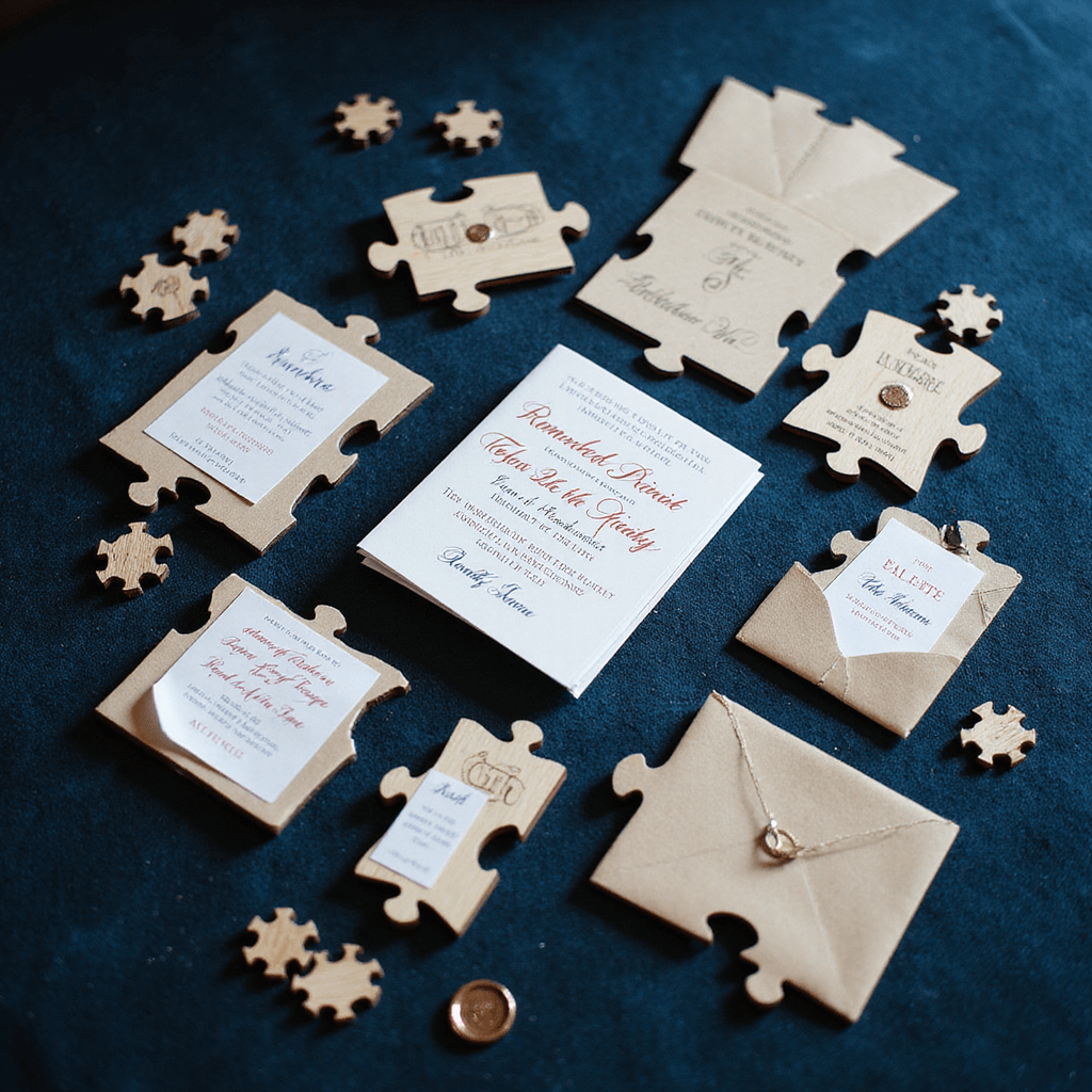 Overhead view of puzzle invitations on blue velvet, featuring romantic messages, wedding details, wooden pieces, envelope liners, and wax seals with dramatic lighting.