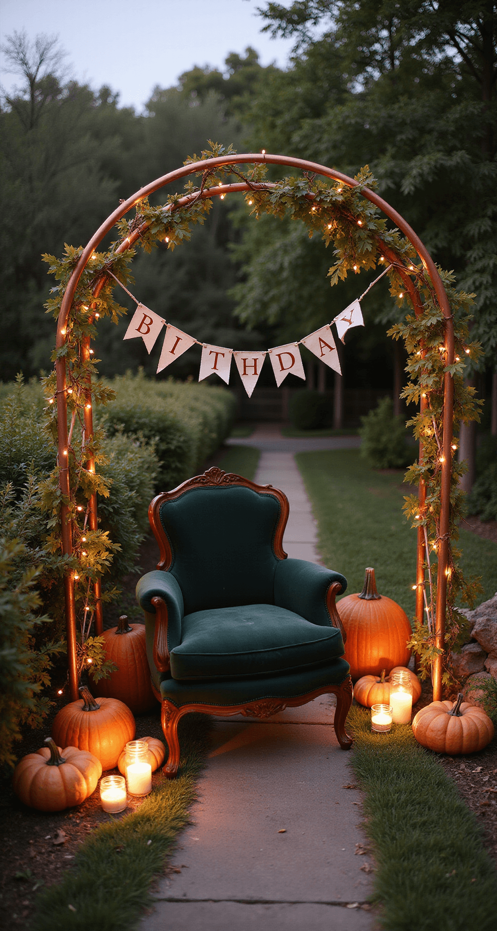 A whimsical garden scene at dusk featuring a vintage copper arch adorned with twinkle lights and autumn leaves, framing a deep green velvet armchair. Heirloom pumpkins surround the setting, with an ivory and rust birthday banner fluttering gently. Mason jars with floating candles line the path, all captured in a softly focused, intimate composition.