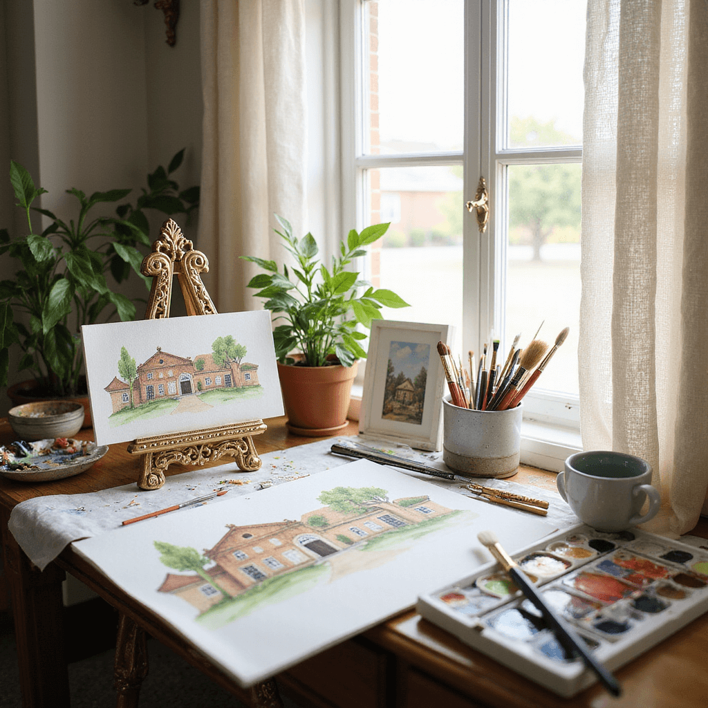 A sunlit artist's corner with a watercolor station, featuring a gold easel with a completed invitation, surrounded by paint palettes, brushes, and reference photos, all bathed in soft light through gauzy curtains.