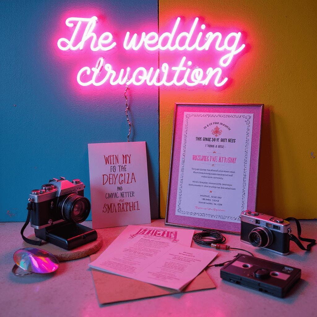 A retro-themed scene featuring '90s style wedding invitations with bold typography against a color-blocked wall. Neon signage casts a pink glow, highlighting holographic details. Vintage props like cameras, cassette tapes, and geometric shapes are included, enhanced by rainbow prism effects and lens flares.