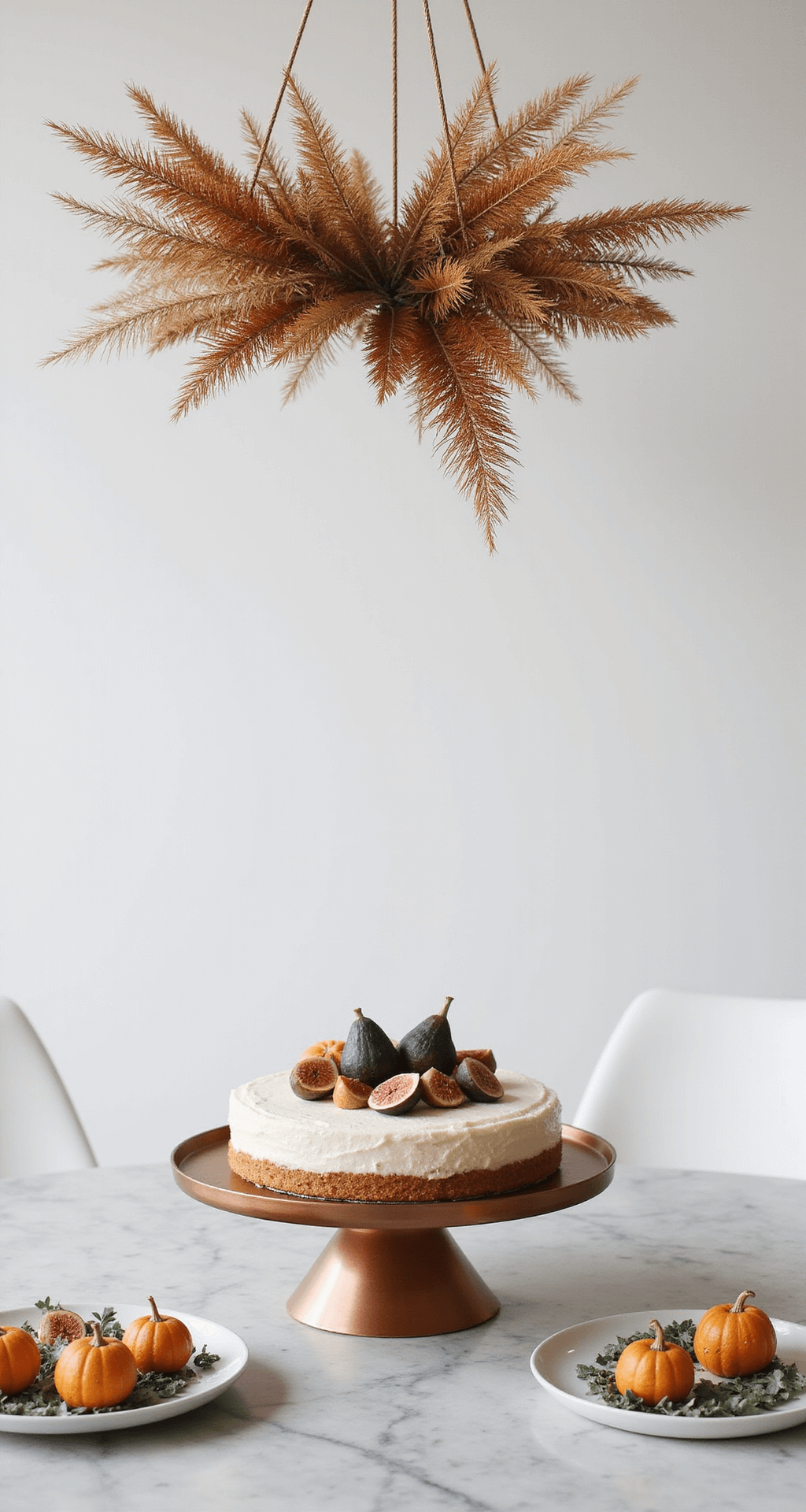 Overhead view of a minimalist autumn dessert setup with a marble counter, copper cake stand with a fig and leaf-adorned cake, pumpkin treats on eucalyptus-lined plates, and pampas grass installation above.