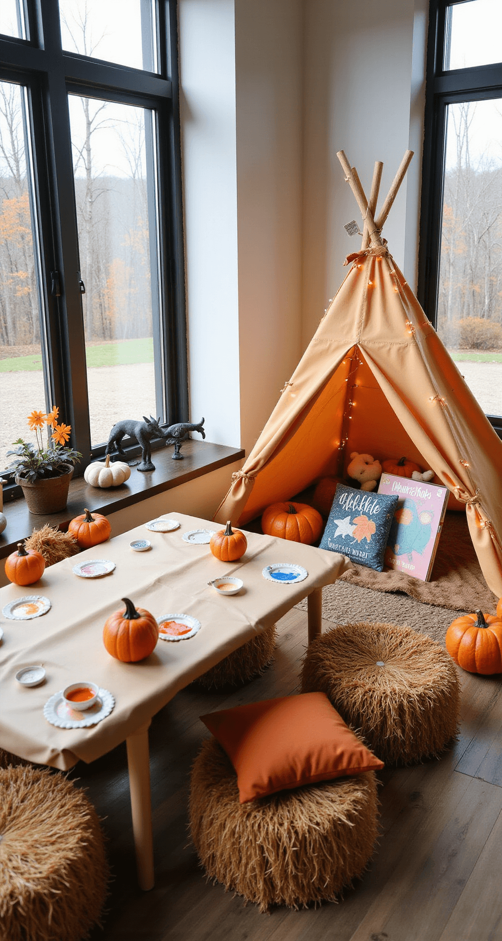 A playful children's activity corner with pumpkin painting stations on child-height tables, miniature hay bale seats, a tepee with twinkle lights, and fall-themed decor, seen through large windows with natural light.