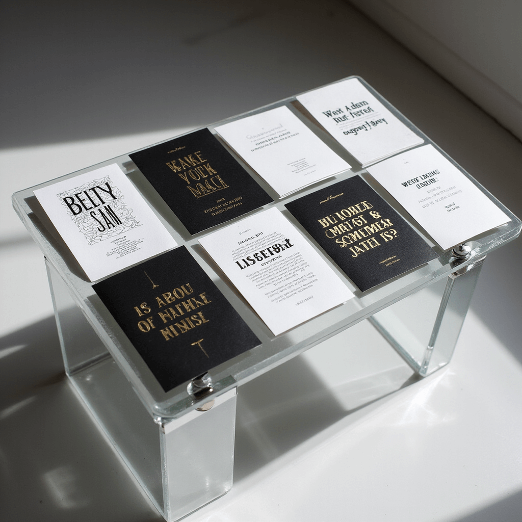 A minimalist display of typography-focused invitations on an acrylic desk, featuring black and white designs with unique font combinations, architectural layouts, and metallic foil accents, highlighted by stark lighting and strong shadows.