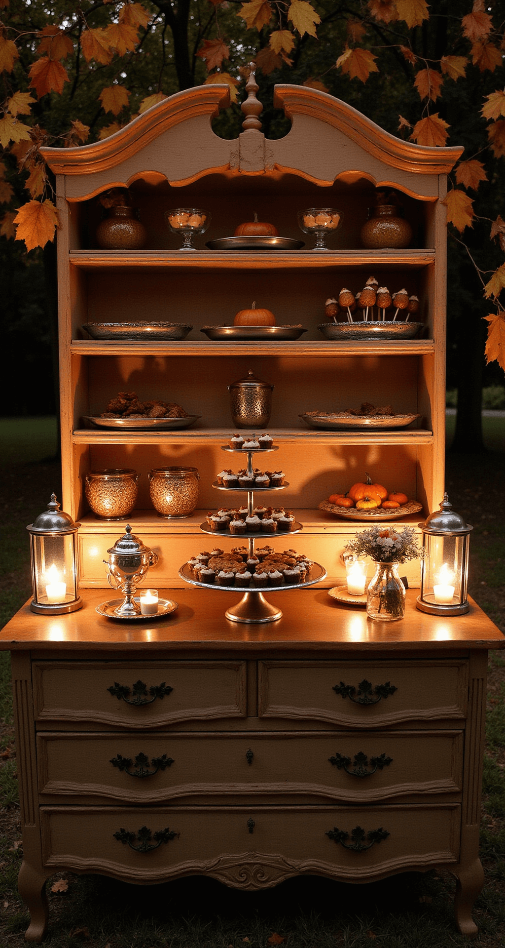 A vintage dresser dessert display illuminated by candlelight, showcasing autumn treats on silver stands with floating autumn leaves backdrop.