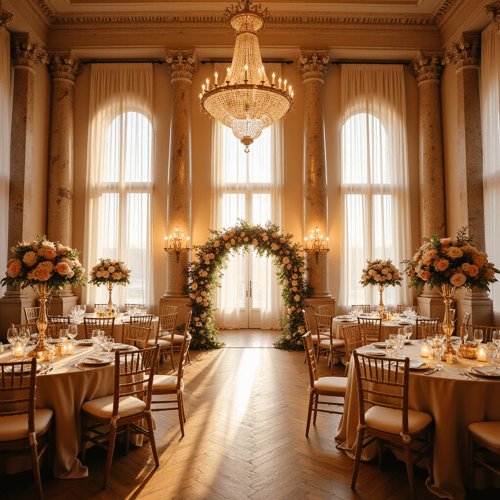 A wide-angle shot of a grand ballroom wedding at golden hour, featuring towering marble columns draped with ivory silk, crystal chandeliers, blush and cream florals in gold vessels on round tables, champagne linens, a floral arch with garden roses and peonies, and vintage brass candelabras.
